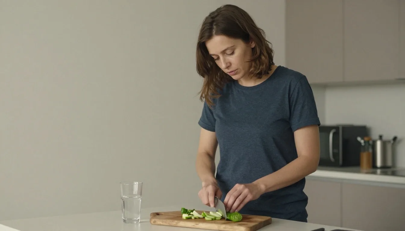 A person preparing vegetables at a kitchen counter in flat daylight