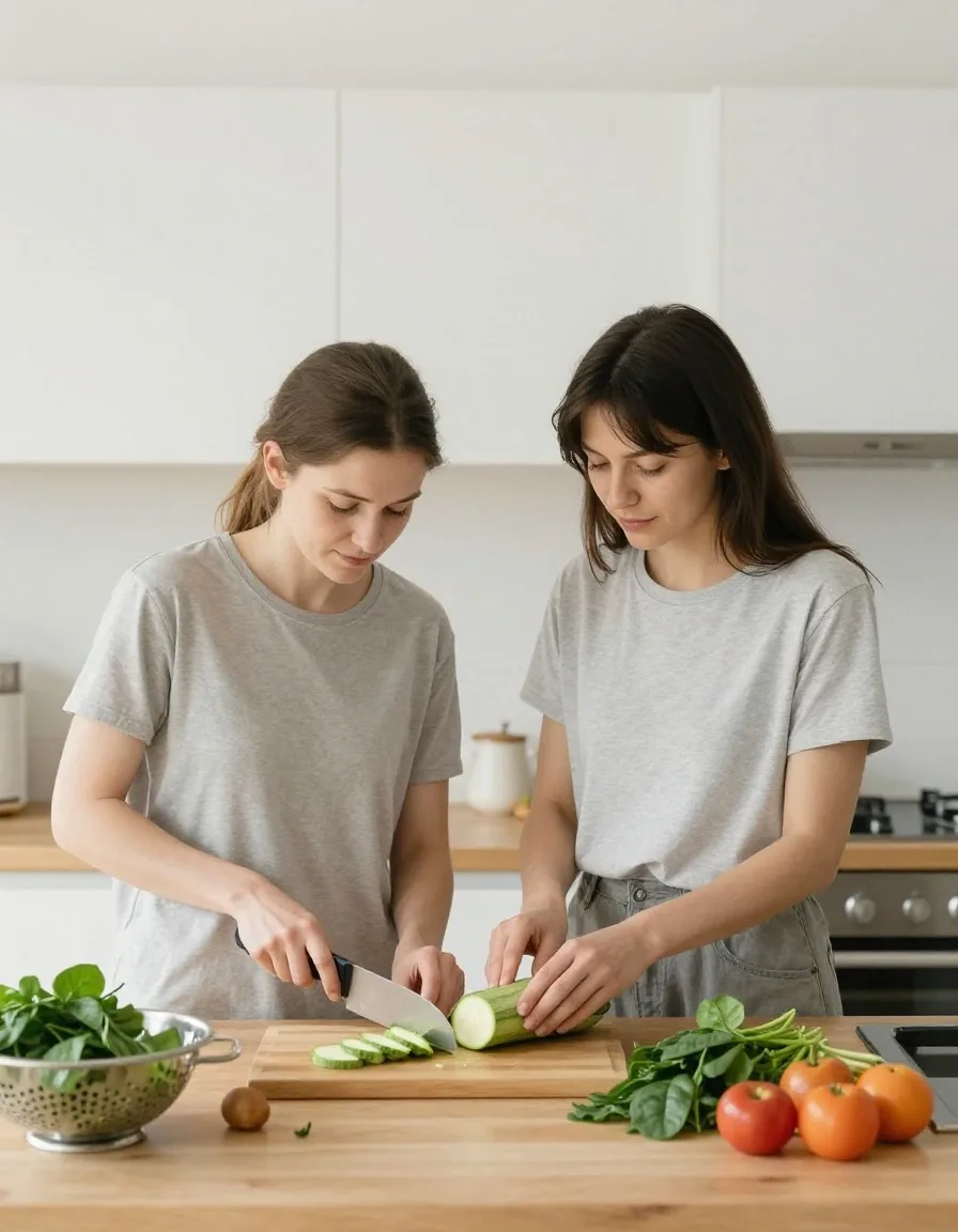 Hands preparing vegetables on a plain kitchen counter in flat daylight